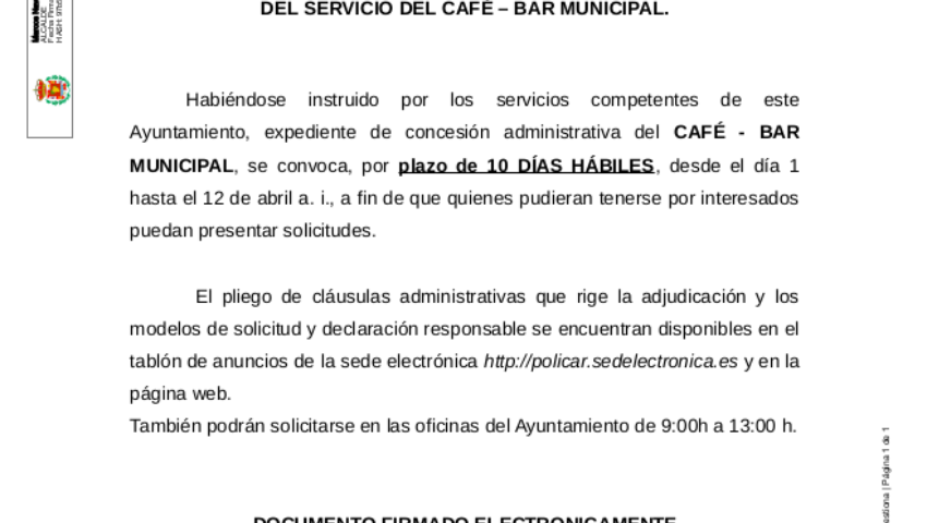 Anuncio de Información Pública para solicitar la prestación del servicio del café.