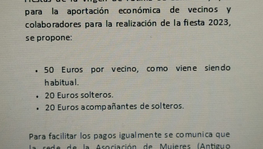 Aportación Económica Fiestas Virgen de Fátima.