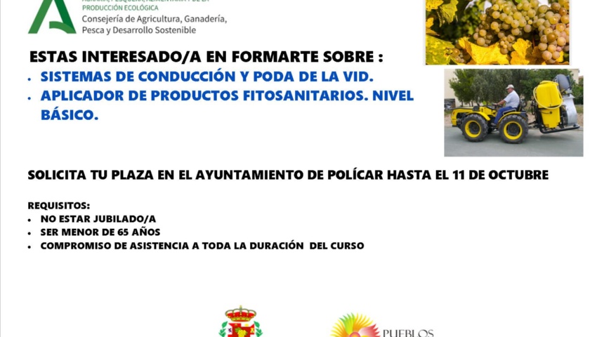  Formación sobre: * Sistema de Conducción y Poda de la Vid. * Aplicador de Productos Fitosanitarios. Nivel Básico. 